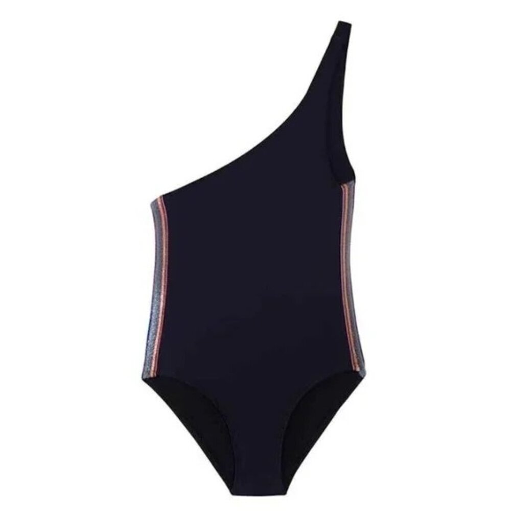 NWT Pilyq Girls One Shoulder One Piece‎ Swimsuit Black Rainbow Metallic Size 4